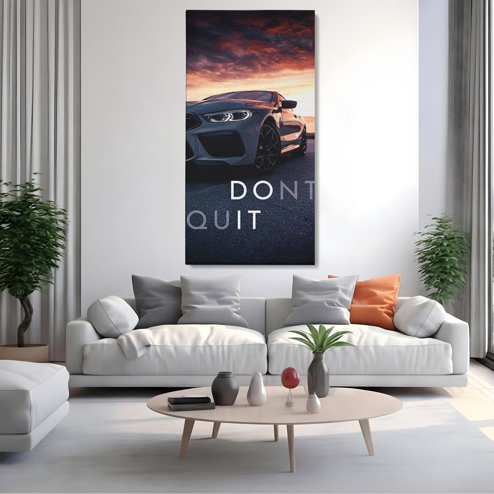 Tablou canvas cu tablou canvas cu masina sport si mesaj, fara rama, pe sasiu de lemn, pe perete intr-un living